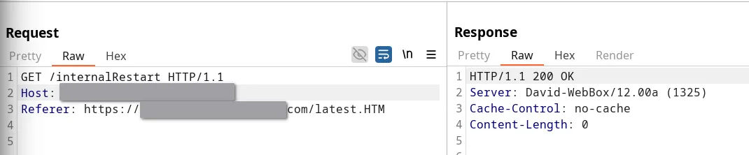 unauthenticated /internalRestart endpoint shutting down the server