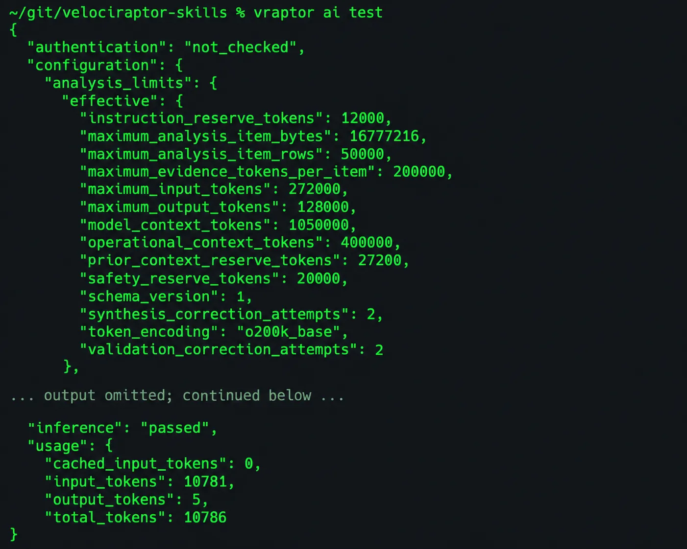 Abbreviated vraptor AI configuration test showing passed inference and token usage
