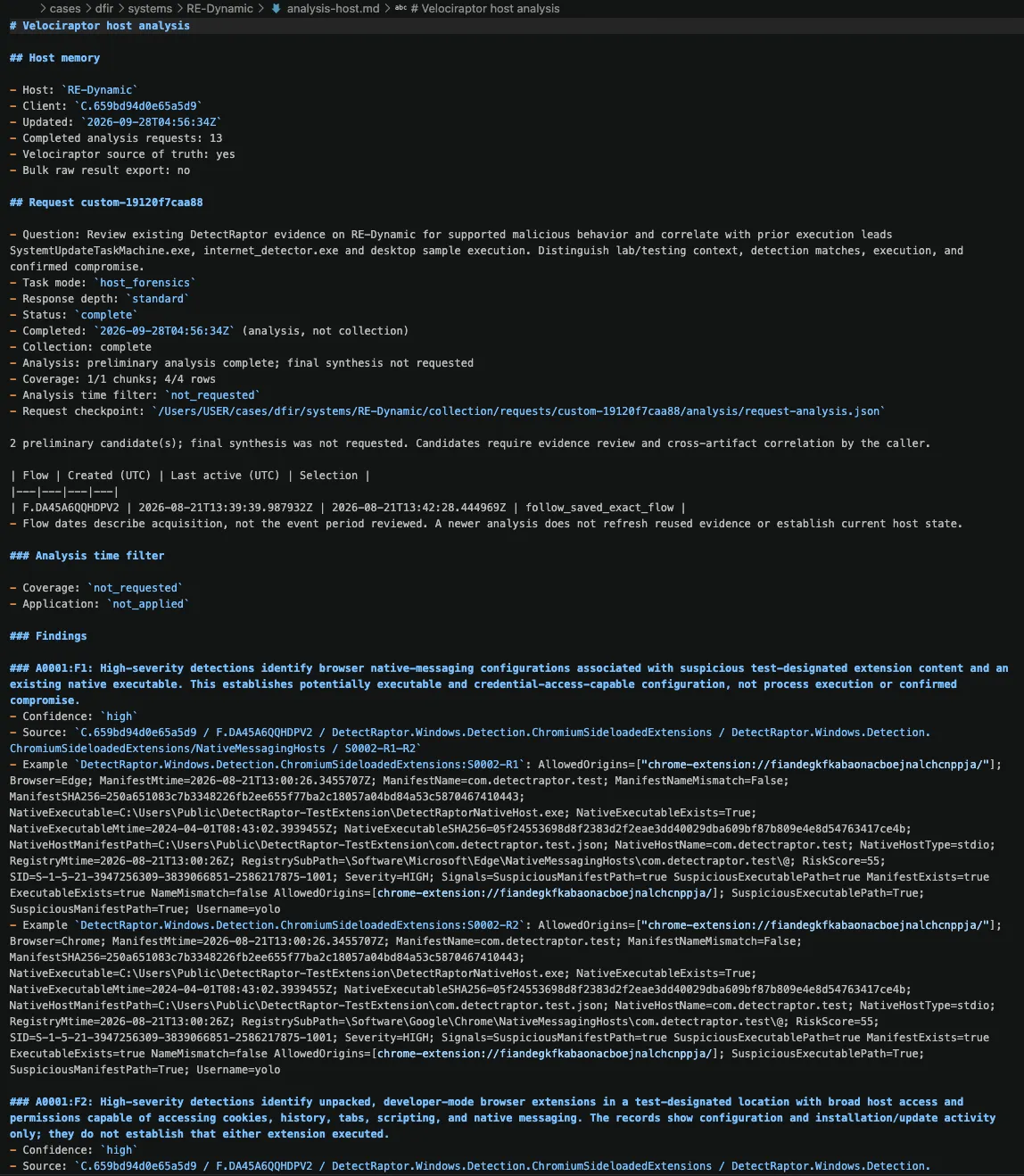 Generated analysis-host.md report showing DetectRaptor browser-extension findings, four reviewed rows and two preliminary candidates requiring caller review