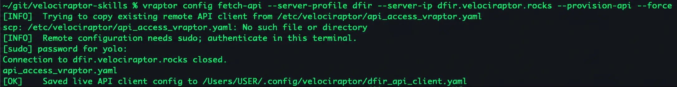 vraptor fetching API credentials over SSH and saving the local dfir API-client YAML