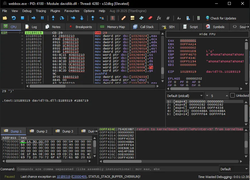 x32dbg halted on the /GS stack-cookie fast-fail, STATUS_STACK_BUFFER_OVERRUN (0xC0000409) at the int 29h in davidlib.dll