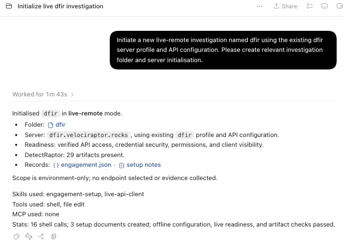 Codex initialising the dfir live-remote investigation, verifying API readiness and confirming 29 DetectRaptor artifacts with no endpoint selected or evidence collected