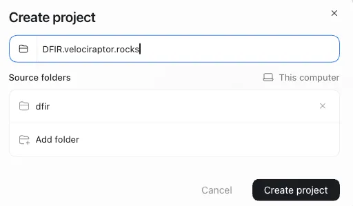 Creating a Codex project named DFIR.velociraptor.rocks with the dfir case folder attached