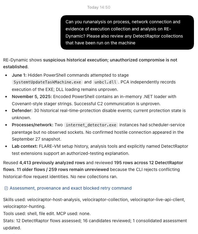 Codex reviewing existing RE-Dynamic host evidence and DetectRaptor results, with historical execution findings and unreviewed-flow coverage gaps