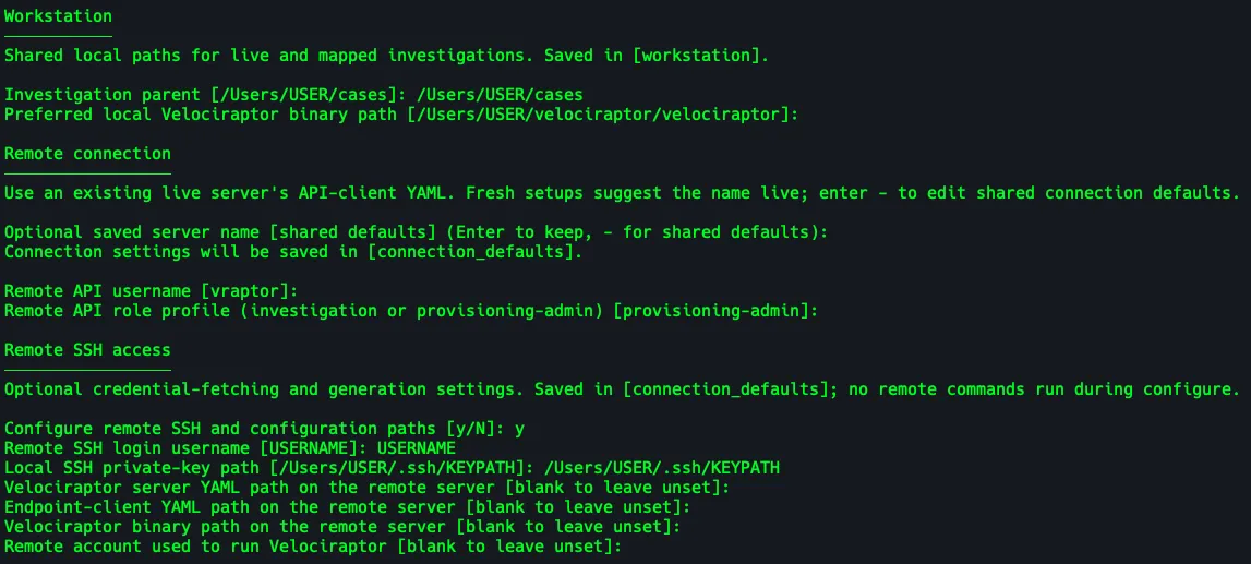 vraptor installation wizard showing workstation, remote connection and SSH settings