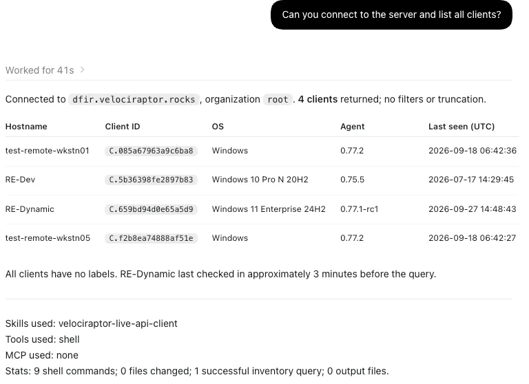 Codex listing four Velociraptor clients with hostname, client ID, operating system, agent version and last-seen time
